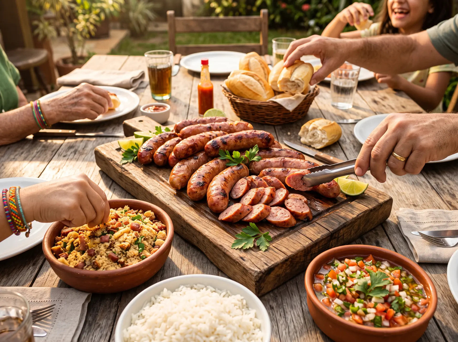 Mesa de domingo com linguiça grelhada, farofa e vinagrete