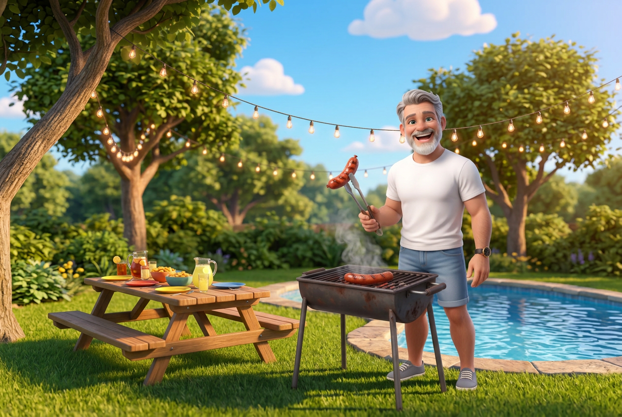 Marquinhos na churrasqueira num domingo de verão